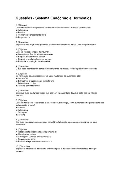 Questoes Do Sistema Endocrino - Questões sobre o Sistema Endócrino e Hormônios - Objetivas e ...