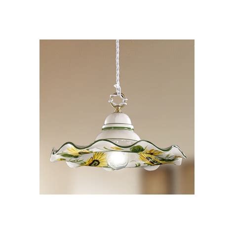 Lustre suspension avec abat jour ondulé en céramique à décor floral