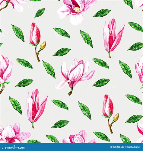 A Pattern With Watercolor Magnolias And Green Leaves Stock Illustration