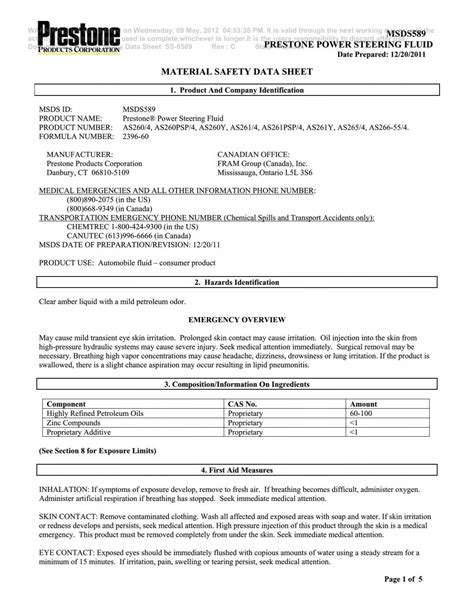 Msds Prestone Power Steering Fluid Material Safety Data Sheet