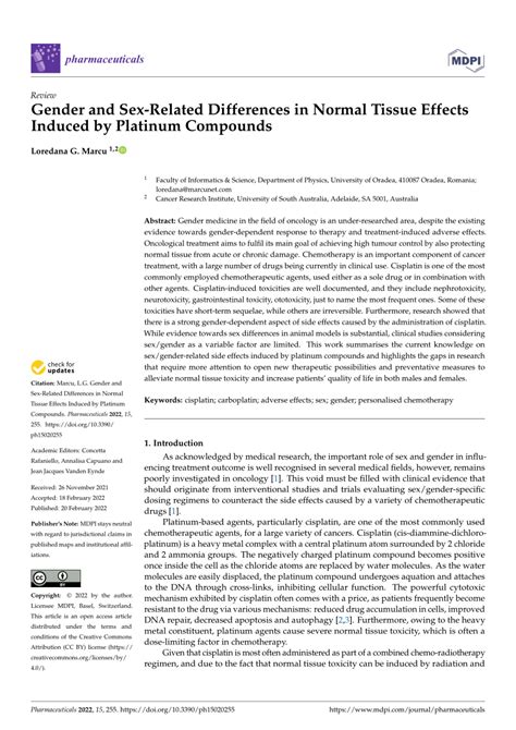 Pdf Gender And Sex Related Differences In Normal Tissue Effects Induced By Platinum Compounds