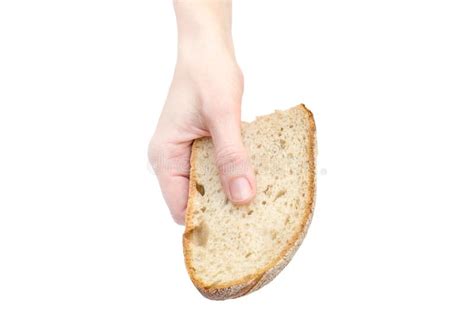 Woman S Hand Holding Piece Of Bread Isolated On White Stock Photo