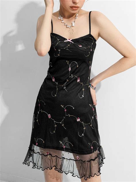 Emmiol Free Shipping Mesh Paneled Floral Mini Dress Black S In