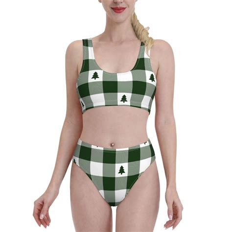 Lukts Women High Waisted Bikini Set Green Tree Lumberjack Plaid