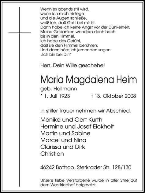 Traueranzeigen Von Maria Magdalena Heim Trauer In NRW De