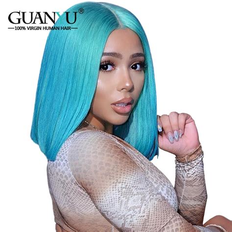 Guanyuhair Blue Short Bob Wigs Pre Plucked Lace Front Wigs Brazilian