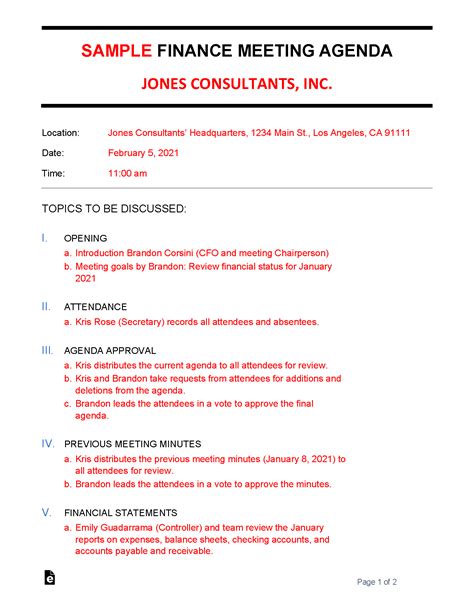 Free Finance Meeting Agenda Template Sample Word Pdf Eforms