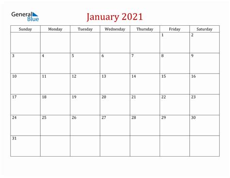 January 2021 Simple Calendar With Sunday Start