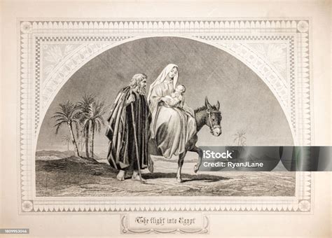 Antique Illustration Of Mary And Joseph Fleeing To Egypt With Jesus