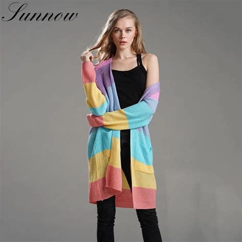 Sunnow Spring Autumn Rainbow Striped Cardigan Sweater Women Long