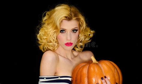 Woman With Pumpkin Halloween Holiday Trick Or Treat Serious Blonde