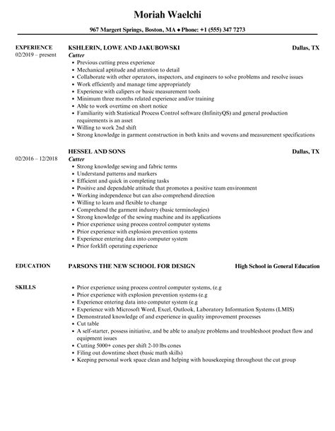 Cutter Resume Samples Velvet Jobs