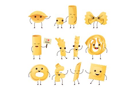 Cartoon Italian pasta characters. Funny noodle products, ravioli masco ...