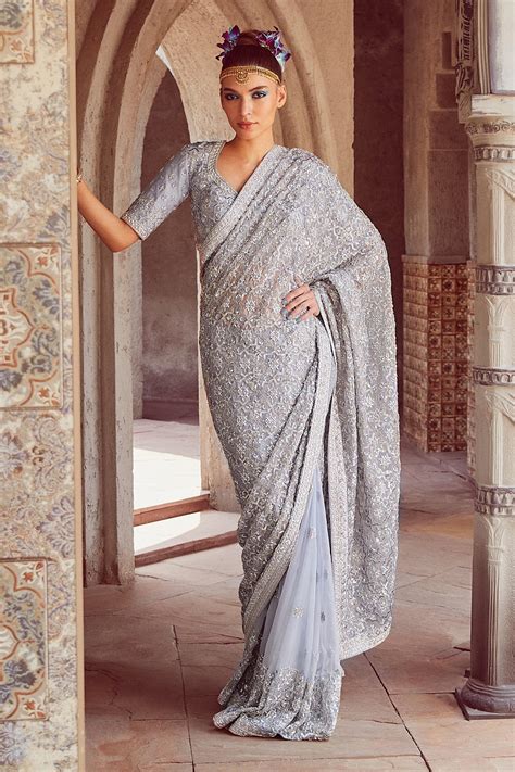 Buy Grey Saree Organza Embroidery Cut Dana Floral With Blouse For Women