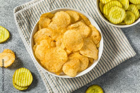 Homemade Flavored Dill Pickle Potato Chips Stock Photo | Adobe Stock