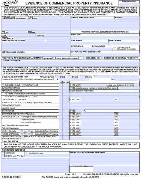 Simply Easier Acord Forms Acord 28 Evidence Of Property Insurance List