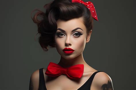 Premium Photo Red Girl With Red Bow Tie Smiling On A Dark Background