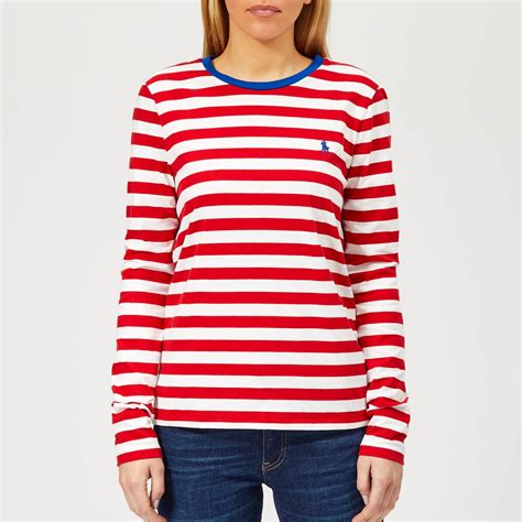 Polo Ralph Lauren Womens Pp Long Sleeve Stripe Crew Neck T Shirt Red