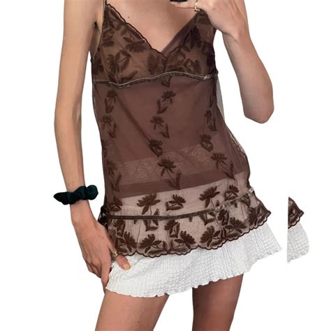 Beautiful Vintage Brown Lace Cami With Floral Depop