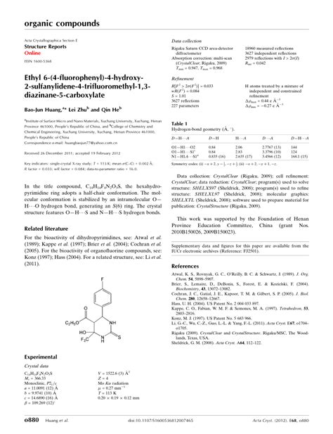 PDF Ethyl 6 4 Fluorophenyl 4 Hydroxy 2 Sulfanylidene 4