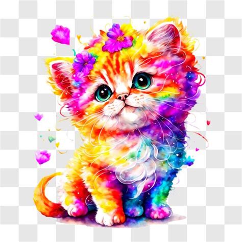 Download Colorful Kitten With Flowers On Orange Background Png Online