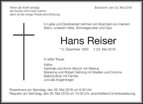 Traueranzeigen Von Hans Reiser Schwaebische De Trauerportal