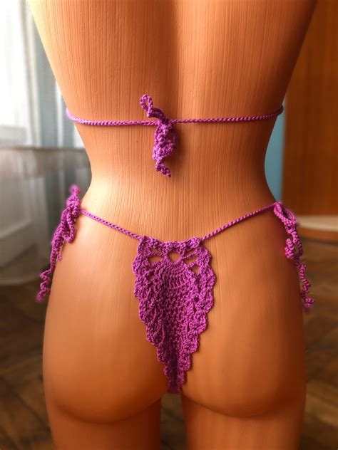Sexy Crochet Bikini Set Pieces Knitted Swimsuit With Thong Bottoms Etsy
