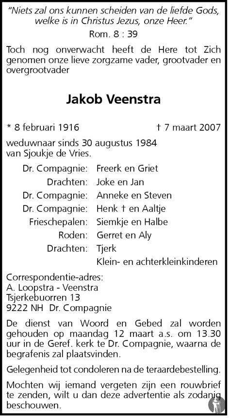 Jakob Veenstra Overlijdensbericht En Condoleances