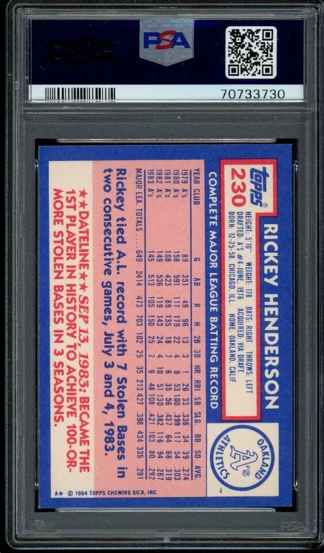 1984 Topps Tiffany 230 Rickey Henderson PSA 8 NM MT HOF EBay