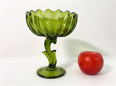 Vintage Green Glass Compote Pedestal Bowl W Curved Leaf Shaped Stem