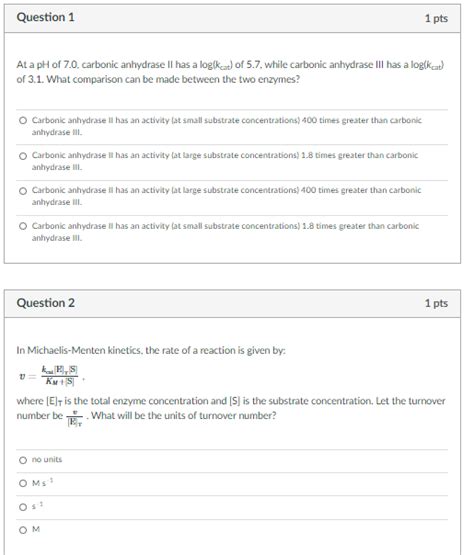 Solved Question Pts At A Ph Of Carbonic Anhydrase Chegg