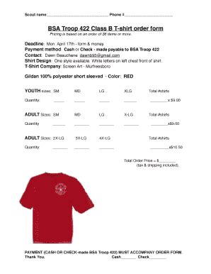 Fillable Online Bsa Troop Class B T Shirt Order Form Fax Email