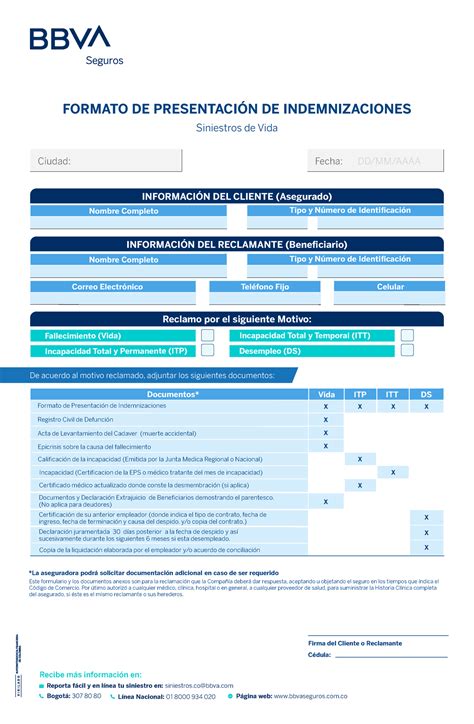 Bbva Formato Indemnizaciones Firma Del Cliente O Reclamante Cédula