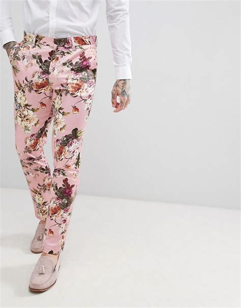 ASOS Wedding Skinny Suit Pants In Blush Floral Sateen Print In Pink For