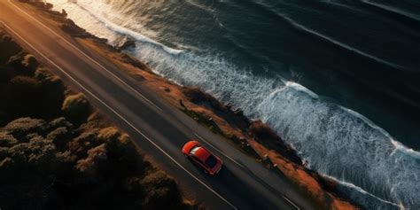 Un Coche Rojo Circula Por Una Carretera Con El Mar De Fondo Foto Premium