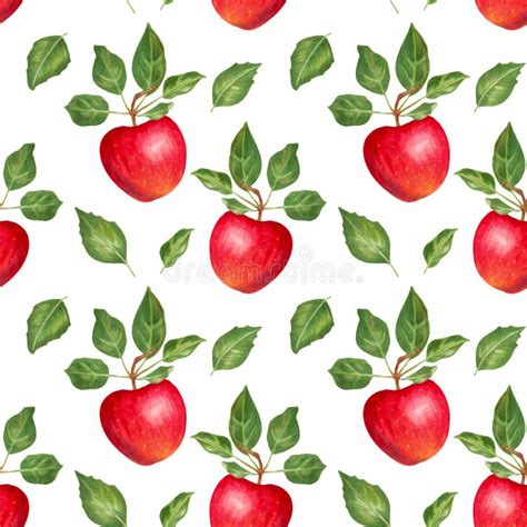 Fruity Seamless Pattern Of Red Apples And Leaves On A White