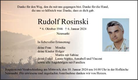 Traueranzeigen Von Rudolf Rosinski Mittelbayerische Trauer