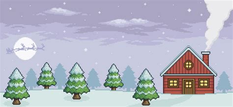 Pixel art christmas landscape with red house, pine, snow, Santa Claus 8 ...