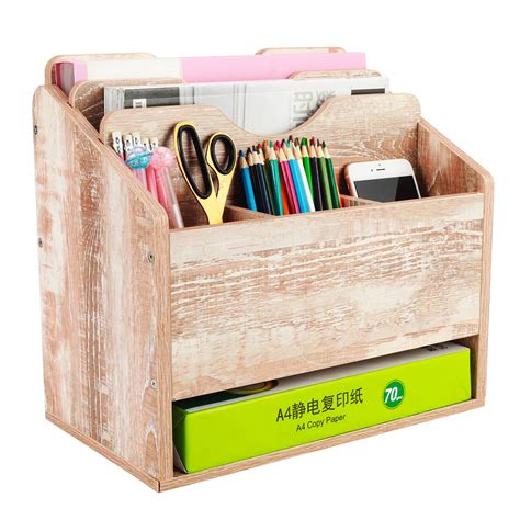 Pag Office Supplies Desk Organizer Wood File Mail Sorter Paper Pen Holder Magazine Rack Retro