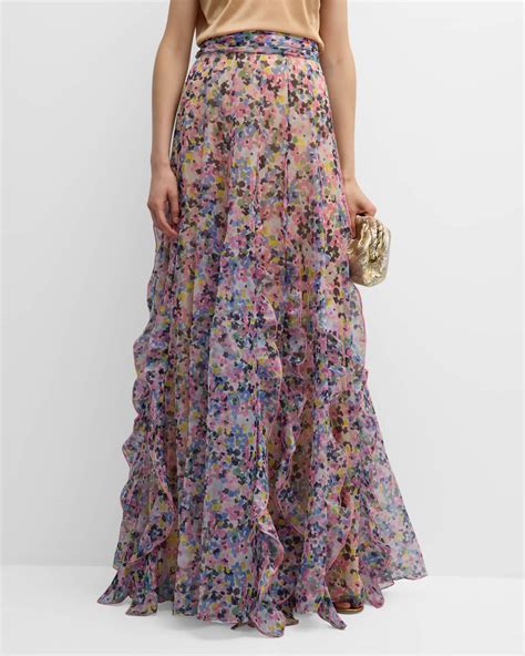 Maison Common Organza Floral Print Maxi Skirt With Ruffle Detail