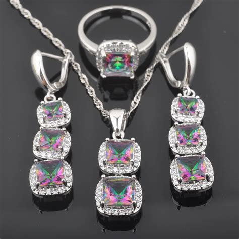 Fahoyo New Square Multicolor Rainbow Zircon Womens 925 Sterling Silver