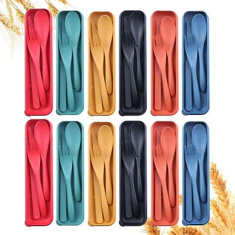 Reusable Travel Utensils Set With Case 12 Sets Wheat Straw Portable Plastic Fork