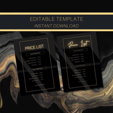 Pricelist Template Lux Black Gold Price List Template For Etsy