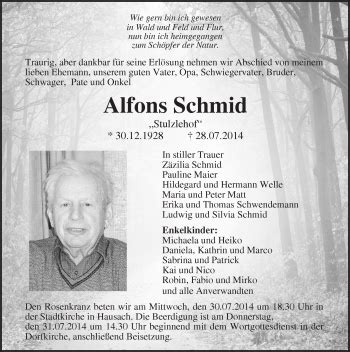 Traueranzeigen Von Alfons Schmid Schwarzw Lder Bote Trauer