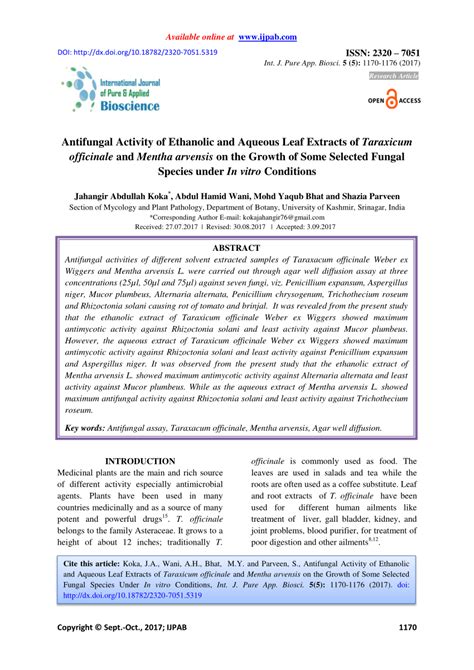 PDF Antifungal Activity Of Ethanolic And Aqueous Leaf Extracts Of