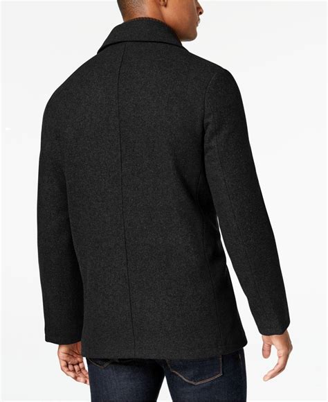 Kenneth Cole Double Breasted Wool Blend Peacoat With Bib In Black For