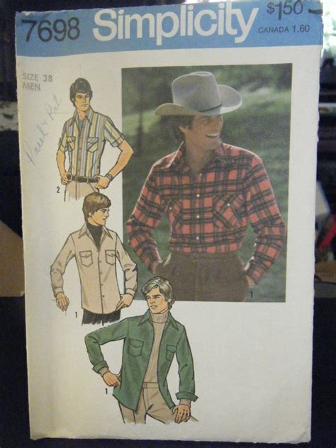 Simplicity 7698 Men S Western Shirt Pattern Size 38 Neck 15