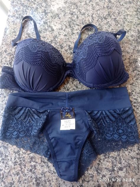 Conjunto De Lingerie Azul Marinho Em Microfibra Renda Julytell