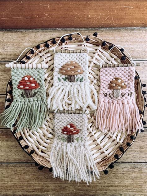 Mushroom Woven Wall Hanging Decor Mini Handmade Boho Hippie Cottagecore