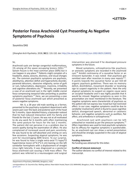 (PDF) Posterior Fossa Arachnoid Cyst Presentng As Negatve Symptoms of ...